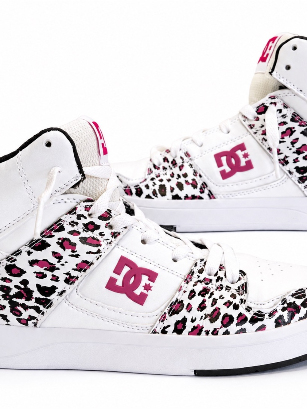 DC Cure Hi White High-Top Sneakers with Pink Leopard Accents
